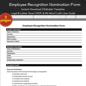 Può includere: Un modulo di nomina per il riconoscimento dei dipendenti, stampabile in bianco e nero, con un titolo che recita "Employee Recognition Nomination Form". Il modulo include sezioni per le informazioni del candidato, le informazioni del nominatore e il motivo della nomina. Il modulo ha caselle di controllo per diverse categorie di riconoscimento, come il lavoro di squadra esemplare, l'eccellente servizio clienti, l'innovazione e la creatività, la leadership e l'iniziativa, e l'impegno per i valori organizzativi.