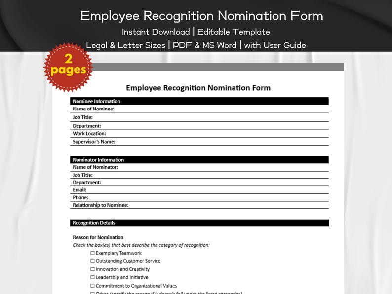 Employee Recognition Nomination Form Editable and Printable Template