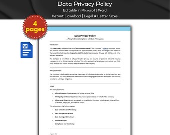 データプライバシーポリシー編集可能テンプレート | テクノロジーとIT | 事業主ポリシー | 人事ポリシー | ビジネス管理 | HRツール