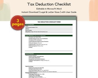 Tax Deduction Checklist – Editable and Printable Template to Track Eligible Expenses for Personal or Business Tax Filing and Savings