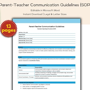 May include: A document titled "Parent-Teacher Communication Guidelines (SOP)" with a blue and white design. The document is editable in Microsoft Word and available for instant download in legal and letter sizes. A red starburst graphic indicates 13 pages.