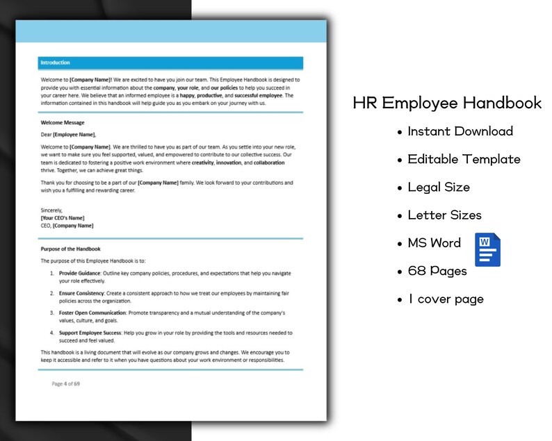 Employee Handbook Editable and Printable Template | Employee Management ...