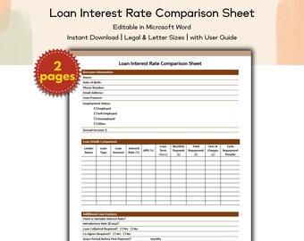 Loan Interest Rate Comparison Sheet | Editable and Printable Financial Template to Compare Loan Rates, Manage Debts and Save Money