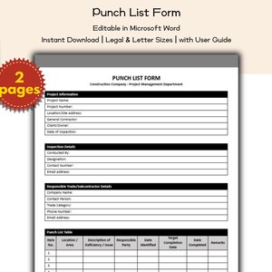 Puede incluir: Un formulario imprimible de "Punch List" con el texto "Editable in Microsoft Word" e "Instant Download". El formulario incluye secciones para información del proyecto, detalles de inspección y detalles del subcontratista. Una pegatina roja y amarilla dice "2 páginas".