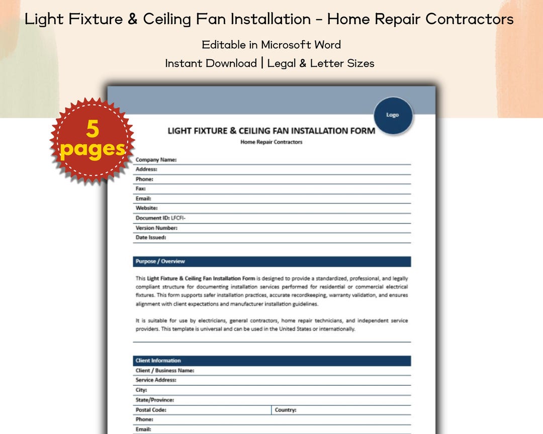 Light Fixture and Ceiling Fan Installation Form Editable and Printable ...