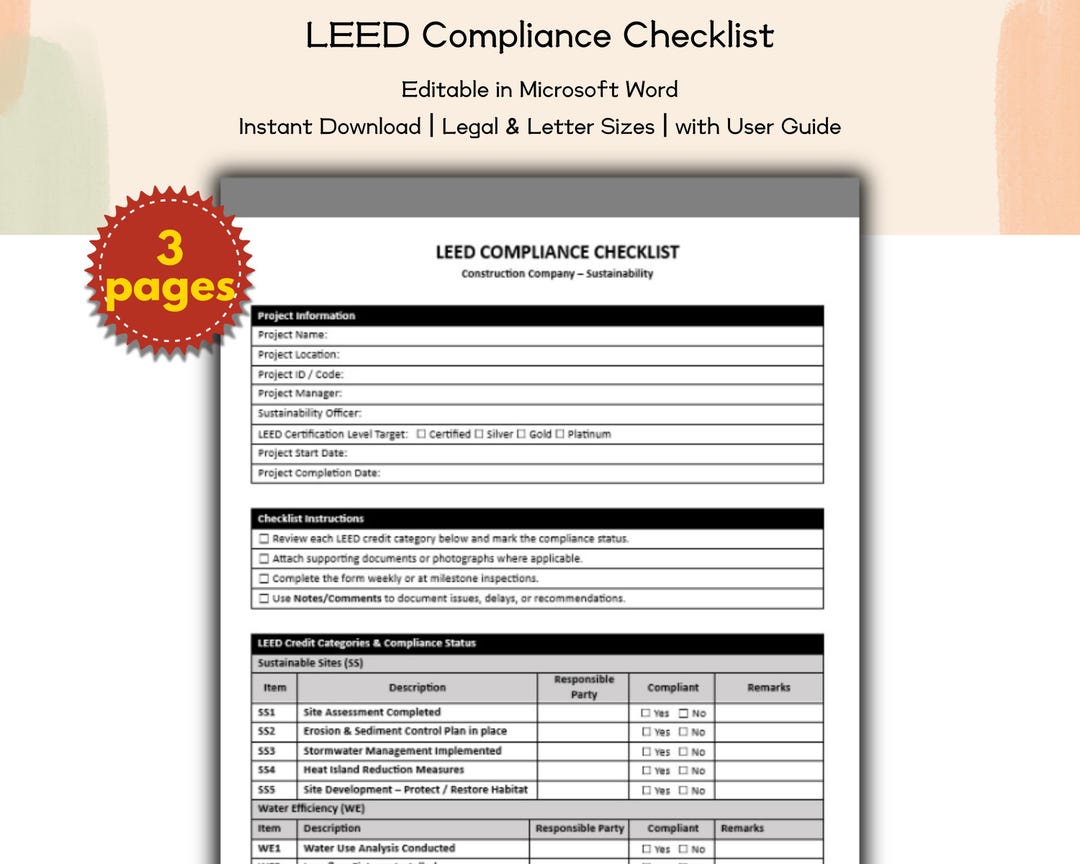 Leed Form Example Construction Company LEED Compliance Checklist Form Editable and ...