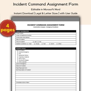Puede incluir: Un formulario de asignación de mando de incidentes blanco con texto negro, que incluye campos para información del proyecto y detalles del incidente. El formulario es editable en Microsoft Word y está disponible para descarga instantánea. Un adhesivo rojo indica "4 páginas."