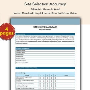 Może przedstawiać: Niebiesko-biały dokument zatytułowany "Site Selection Accuracy" dla deweloperów nieruchomości. Zawiera edytowalne pola i sekcję oceny kryteriów wyboru lokalizacji. Czerwona naklejka wskazuje "4 strony".