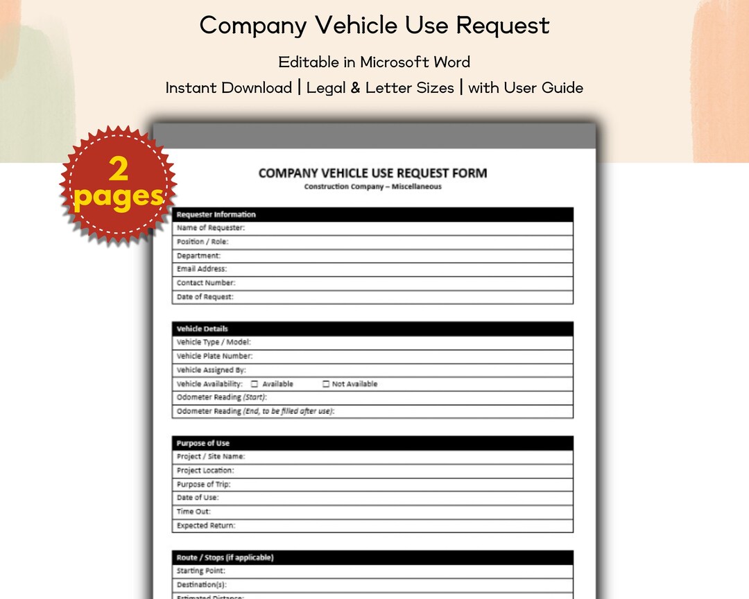 Construction Company Vehicle Use Request Form Editable and Printable ...