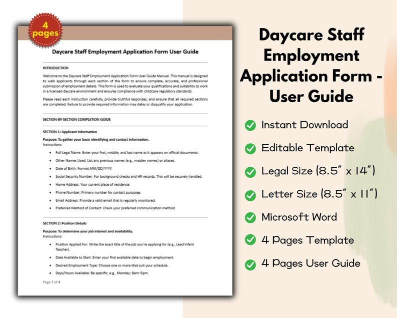 Daycare Staff Employment Application Form Editable and Printable ...