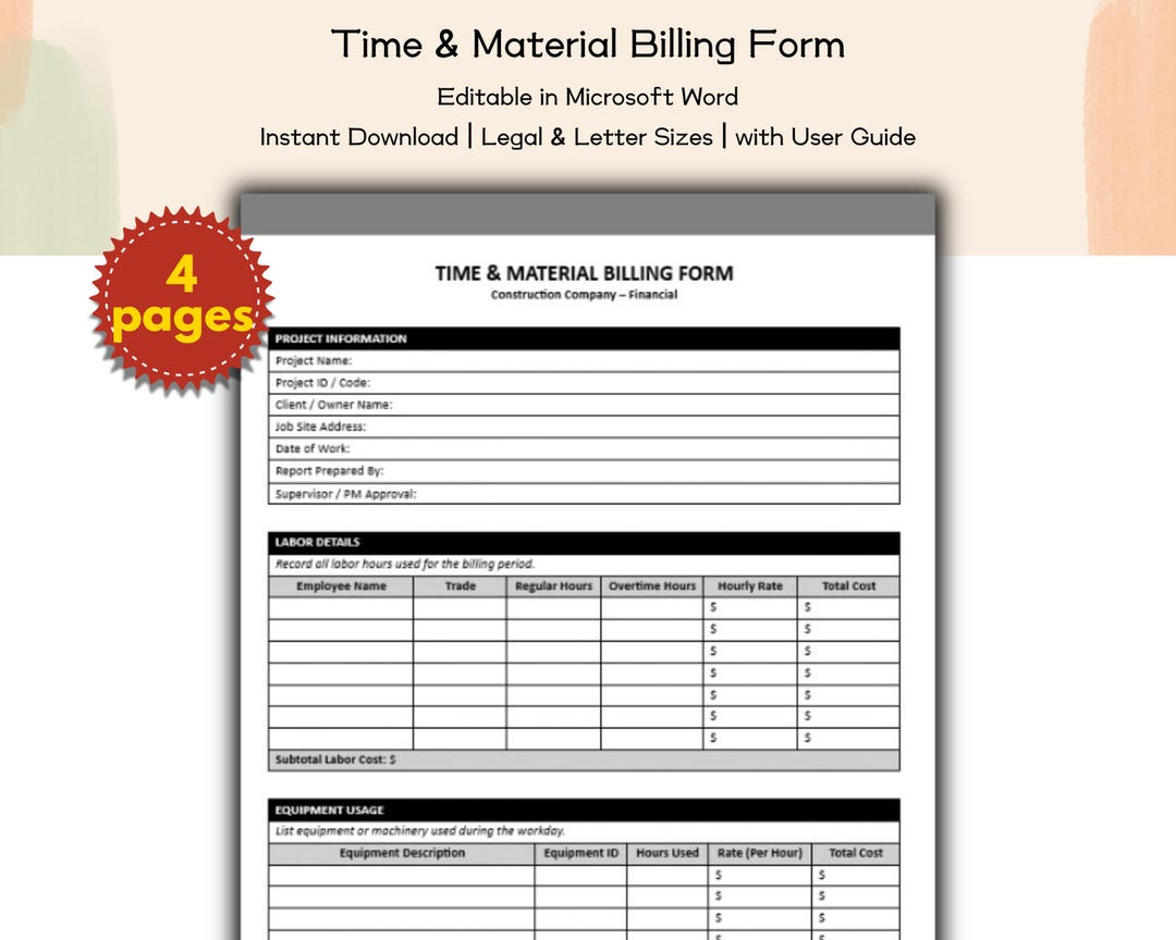Construction Company Time and Material Billing Form Editable and ...