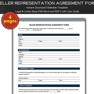 Seller Representation Agreement Form Editable and Printable Template for Real Estate Agents | Agent Marketing | Real Estate Home Listings
