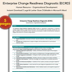 May include: A document titled "Enterprise Change Readiness Diagnostic (ECRD)" with the text "Human Resource - Organizational Development." The document is labeled as an instant download, editable in Microsoft Word, and available in legal and letter sizes. A red sticker indicates "5 pages."