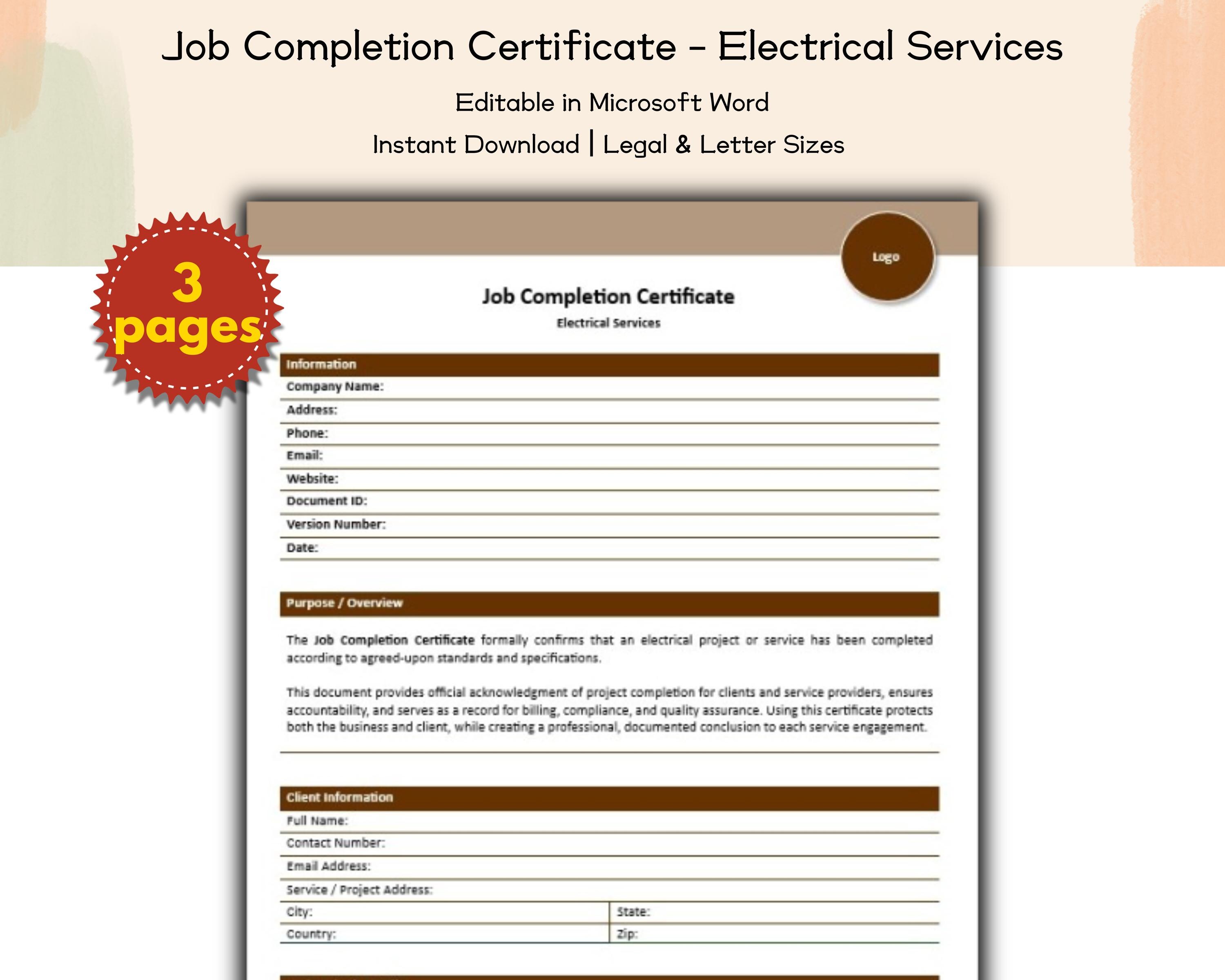 Job Completion Certificate Form Electrical Services Editable and ...