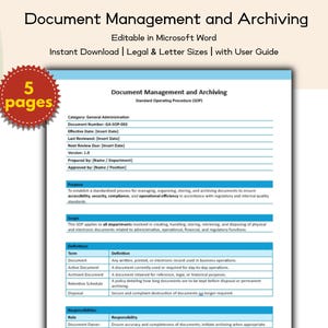 Könnte beinhalten: Ein Dokument mit dem Titel "Dokumentenverwaltung und -archivierung" mit blauem und weißem Design. Das Dokument ist in Microsoft Word bearbeitbar und enthält eine Benutzeranleitung. Das Bild zeigt auch ein rotes kreisförmiges Abzeichen mit der Aufschrift "5 Seiten".