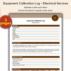 Equipment Calibration Log Electrical Services Form Editable and Printable Template, Electrical Contractors and Service Companies Providers