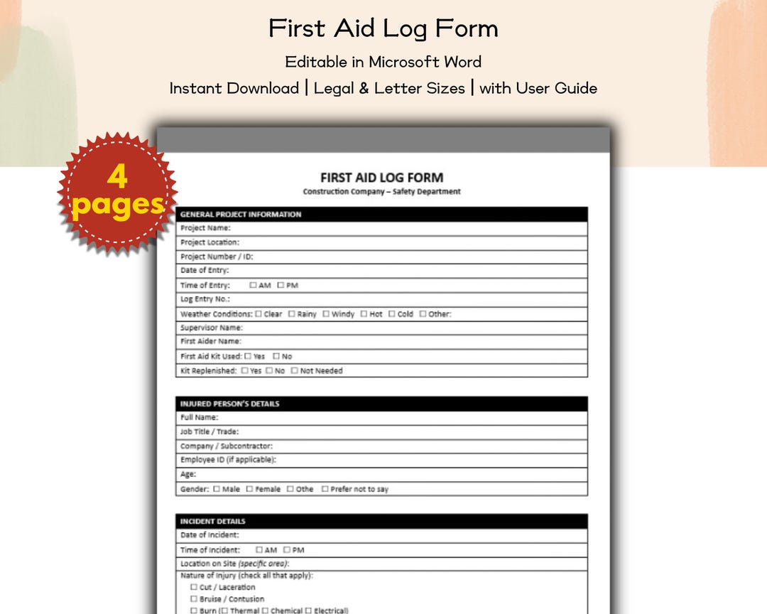 Construction Company First Aid Log Form Editable and Printable Template ...