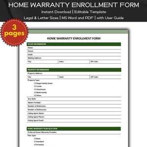 Home Warranty Enrollment Form Real Estate Editable and Printable Template | Agent Marketing | Real Estate Property Home Listing