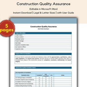 May include: A construction quality assurance document, editable in Microsoft Word, with a blue and white design. The document includes sections for project information and evaluation criteria. A red circular sticker indicates "5 pages".