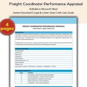Vrachtcoördinator prestatiebeoordeling bewerkbare en afdrukbare sjabloon, Human Resource HR Toolkit, operationele logistiek en supply chain
