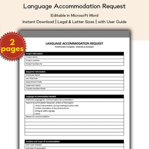 May include: A document titled "Language Accommodation Request" with fillable fields. The document is editable in Microsoft Word and available for instant download in legal and letter sizes. A red starburst graphic reads "2 pages".