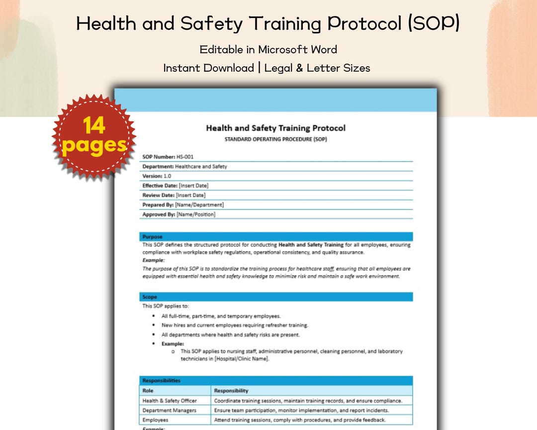 Health and Safety Training Protocol SOP Editable and Printable Template ...