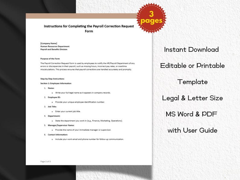Correction Request Example Payroll Correction Request Form Editable and Printable Template ...