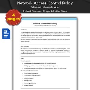 Peut inclure: Un document noir et blanc avec le titre "Network Access Control Policy" et le texte "A Policy to Manage Network Access Securely". Le document est modifiable dans Microsoft Word et est disponible en téléchargement instantané en format légal et lettre.