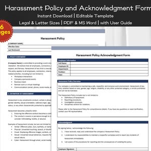 Może przedstawiać: Drukowany szablon polityki dotyczącej molestowania i formularza potwierdzenia w formacie PDF i MS Word. Formularz zawiera sekcje dotyczące informacji o firmie, oświadczenia o polityce, definicji molestowania, przeglądu polityki dotyczącej molestowania i potwierdzenia.