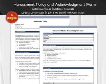 Harassment Policy and Acknowledgment Form Editable and Printable Template | Employee Management | HR Employee Policies and Compliance Forms
