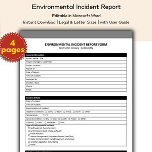 May include: A white Environmental Incident Report form with black text, including fields for project details, incident details, and environmental impact types. The form is labeled "Editable in Microsoft Word" and includes a "4 pages" sticker.