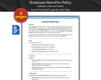 Employee Benefits Policy Editable Template | Human Resource Policies | Compensation & Benefits | Microsoft Word | Employee Management, HR