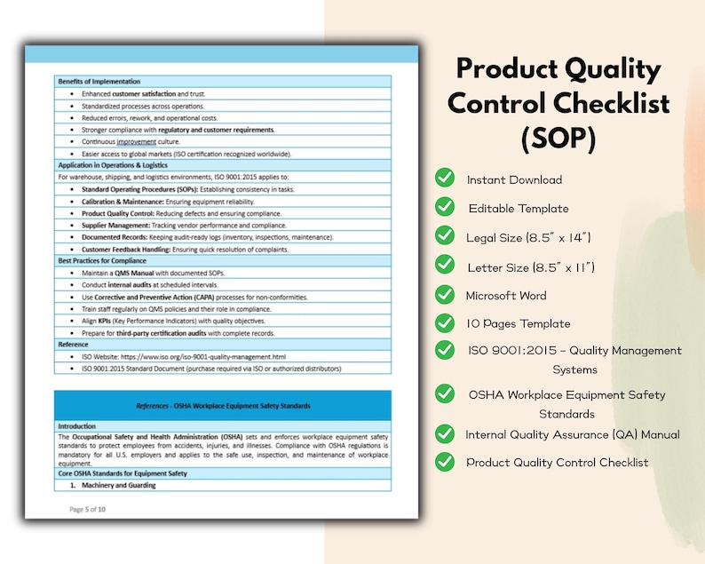 Product Quality Control Checklist SOP Editable and Printable Template ...