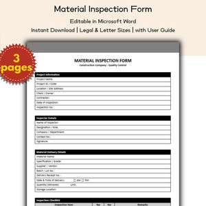 May include: A material inspection form with the title "Material Inspection Form" and the text "Editable in Microsoft Word." The form includes sections for project information, inspector details, and material delivery details. A red circular sticker reads "3 pages."
