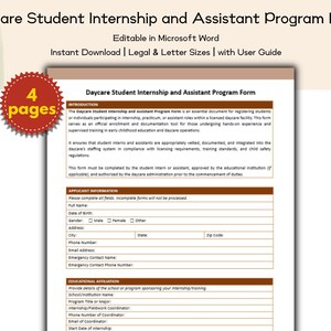 Op de afbeelding: Een afdrukbaar Daycare Student Internship and Assistant Program Formulier. Het document is bewerkbaar in Microsoft Word en direct te downloaden. Het formulier bevat secties voor sollicitantinformatie en educatieve affiliatie. Het formulier is 4 pagina's lang.