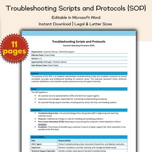 May include: A digital document titled "Troubleshooting Scripts and Protocols (SOP)" is editable in Microsoft Word. The document is available for instant download in legal and letter sizes. The document has 11 pages and is for customer service and technical support.