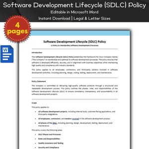 Puede incluir: Un documento azul y blanco con el título "Software Development Lifecycle (SDLC) Policy" y el texto "A Policy to Standardize Software Development Processes". El documento es una plantilla para una política de ciclo de vida de desarrollo de software e incluye secciones para introducción, declaración de política y alcance.