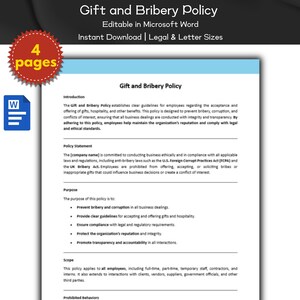 Op de afbeelding: Een document getiteld "Gift and Bribery Policy" met de tekst "Editable in Microsoft Word" en "Instant Download | Legal & Letter Sizes". Het document bevat een inleiding, beleidsverklaring, doel en reikwijdte. Een rode cirkelsticker met "4 pagina's" staat linksboven.