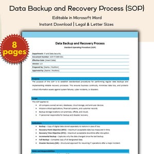 Op de afbeelding: Een document getiteld "Data Backup and Recovery Process (SOP)" wordt getoond. Het is bewerkbaar in Microsoft Word en direct te downloaden in de formaten legal en letter. Een oranje sterburst-afbeelding geeft "8 pagina's" aan.
