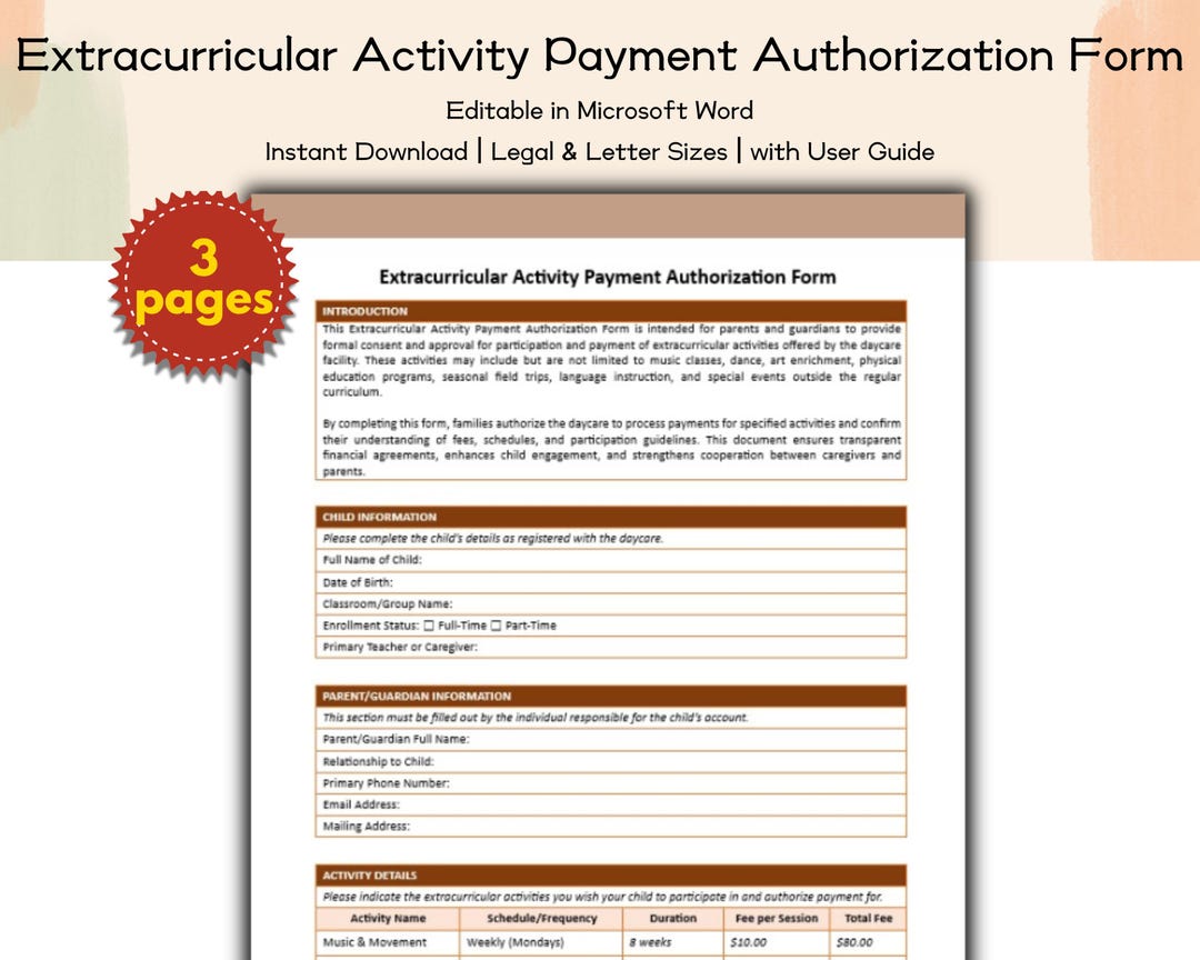 Daycare Extracurricular Activity Payment Authorization Form Editable ...