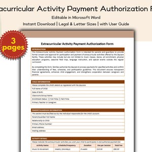 Daycare Extracurricular Activity Payment Authorization Form Editable and Printable Template, Preschool, Childcare, School Administrator