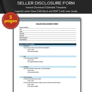 Seller Disclosure Form Editable and Printable Template for Real Estate Agents | Agent Marketing, Property Listing | Real Estate Home Listing