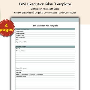 May include: A BIM Execution Plan Template document with the title "BIM Execution Plan Template" and the text "Editable in Microsoft Word". The document includes sections for project information and daily BIM activities. A red circular badge reads "4 pages".