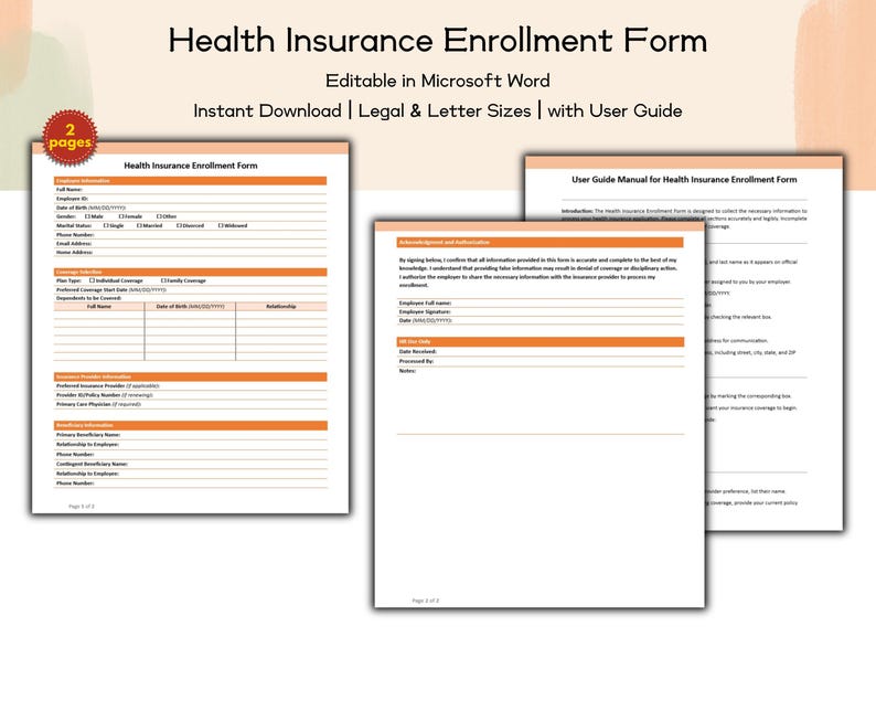 Health Insurance Enrollment Form Editable & Printable Template for Easy ...