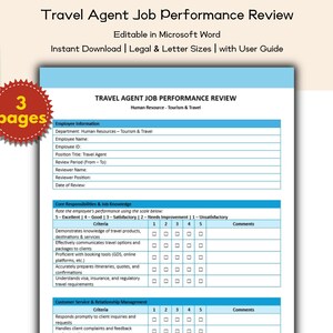 Op de afbeelding: Een lichtblauw document getiteld "Travel Agent Job Performance Review" met tekstvelden en beoordelingsschalen. Het document is bewerkbaar in Microsoft Word en direct te downloaden in legal en letter formaten. Een rode cirkelsticker geeft "3 pagina's" aan.