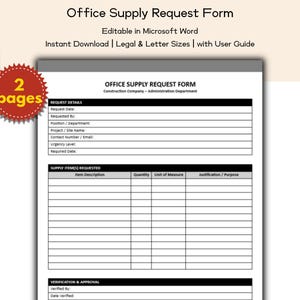 May include: A white Office Supply Request Form with a Construction Company logo. The form includes sections for request details, supply items, and verification. The text "Office Supply Request Form" is at the top. The image also includes a red and yellow "2 pages" sticker.