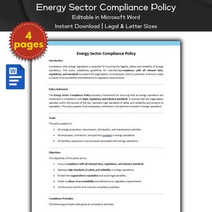 Puede incluir: Un documento titulado "Energy Sector Compliance Policy" con un icono de Microsoft Word azul y blanco. El documento describe la importancia del cumplimiento de las regulaciones energéticas, las normas legales e industriales, y la seguridad y la fiabilidad. El documento es editable en Microsoft Word y está disponible para descarga instantánea en tamaños legal y carta.