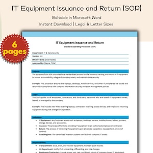Puede incluir: Se muestra un documento titulado "IT Equipment Issuance and Return (SOP)". Es editable en Microsoft Word y de descarga instantánea en tamaños legal y carta. Un gráfico de estrella roja indica "6 páginas".