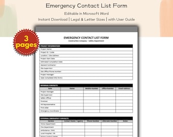 Lista de Contatos de Emergência para Construtora - Modelo Editável e Imprimível, Equipe de Segurança e Conformidade, Equipe de Gestão de Riscos, Equipe de RH