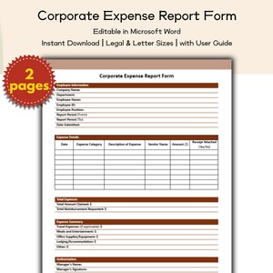 Formulario de informe de gastos corporativos: plantilla editable e imprimible para el seguimiento de gastos, reembolsos y registros financieros de la empresa.